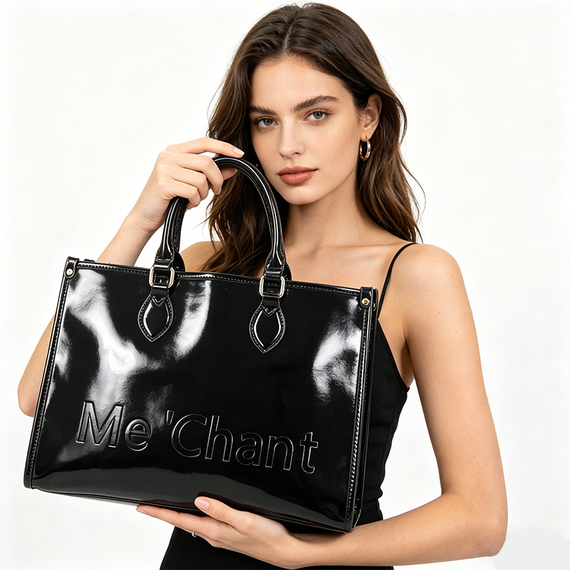 Women Black Glossy Patent PU L - Top Handle Patent Bag 评论和价格